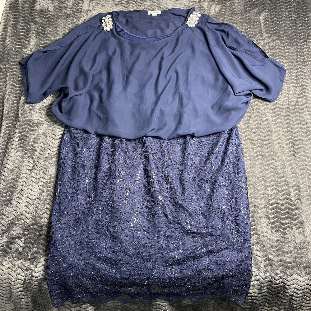 Catherines Women's Plus Size 28W lace Embellished Open Sleeve Dress blue